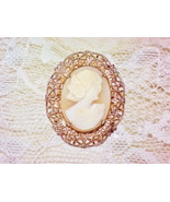Gold Filigree Framed Carved Shell Cameo Brooch Vintage Pin Cream Pink Na... - $135.85 CAD