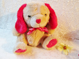 Plush Dog Toy Vintage Valentine Stuffed Furry Animal Figure Doll Tan Red Silk - £20.77 GBP