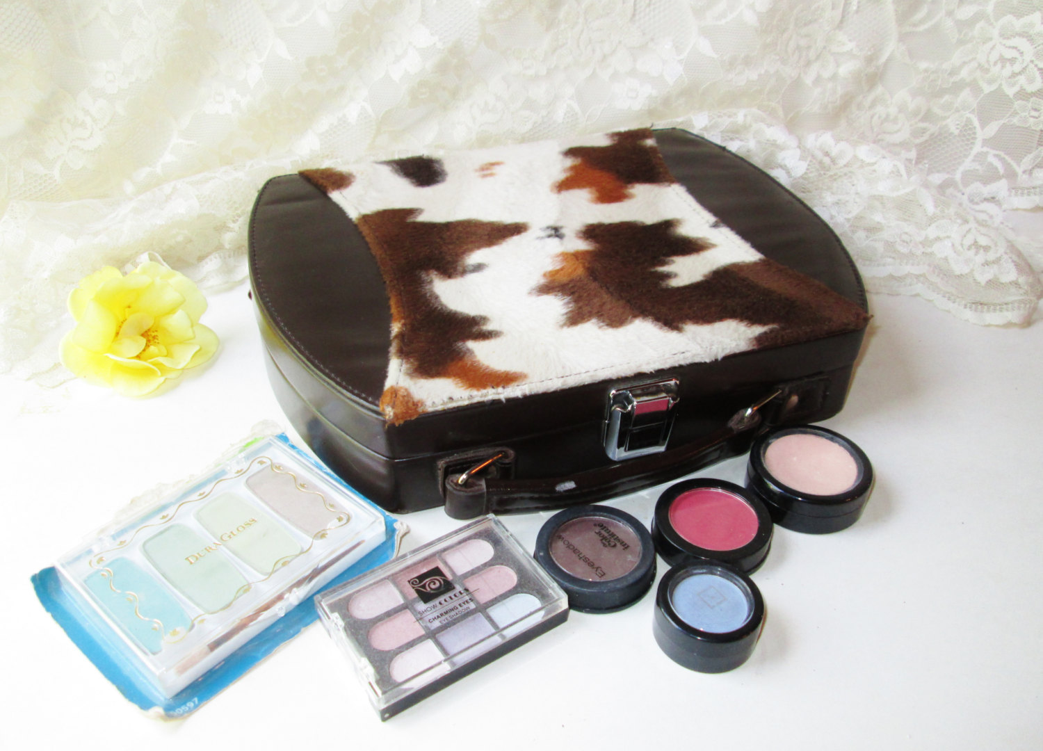 Makeup Cosmetic Travel Case Vintage Uinsex Country Western Horse Print Fur Lg Pa - $80.00