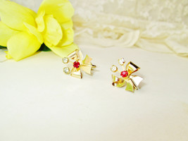 Gold Bow Ribbon Earrings Vintage Goldtone Metal Bow White Red Rhinestone... - $19.00