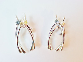 Double Wishbone Brooch Vintage Pin Crystal Rhinestone &amp; Faux Pearl Silve... - $322.22 MXN