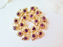 Purple Rhinestones Wreath Brooch Vintage Hearts Leaves Leaf Pin Goldtone... - $20.00
