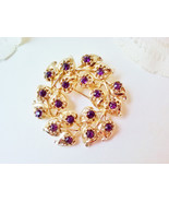 Purple Rhinestones Wreath Brooch Vintage Hearts Leaves Leaf Pin Goldtone... - $380.79 MXN
