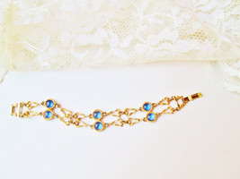 Gold &amp; Blue Glass Bracelet Vintage New Triangle Gold Links Round Blue Gl... - $20.00