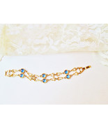 Gold & Blue Glass Bracelet Vintage New Triangle Gold Links Round Blue Glass Geom - $20.00