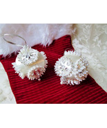 Christmas Wedding White Ball Ornaments Vintage Handmade Silk 9&quot; Pin &amp; Pearl - £44.76 GBP