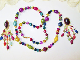 Multi Color Beads Necklace Earrings Set Vintage Boho Handmade Multi Shapes - £60.09 GBP