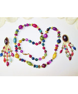 Multi Color Beads Necklace Earrings Set Vintage Boho Handmade Multi Shapes - $102.91 CAD