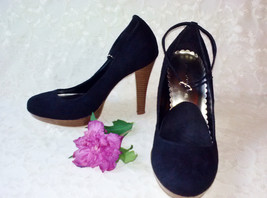 Black Suede Mary Jane Heels Vintage Pumps Stilettos Velvet Black Shoe Wood Grain - £65.31 GBP