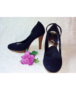 Black Suede Mary Jane Heels Vintage Pumps Stilettos Velvet Black Shoe Wo... - $1,543.53 MXN