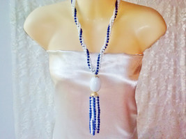 Blue &amp; White Multi Strand Bead Flapper Tassel Necklace Vintage Barrel Beads - £21.57 GBP