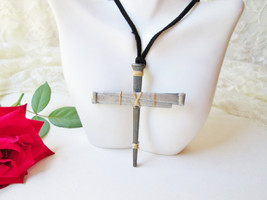Gunmetal Lg Cross of Nails Pendant Necklace Handmade Adjustable Christian Goth - £39.22 GBP