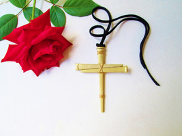 Large Gold Glitter Cross of Nails Pendant Necklace Vintage Handmade Adjustable G - £31.97 GBP