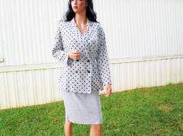 Womens Suit 80&#39;s Vintage Gray Black Polka Dot Suit Skirt Double Breast Top - £62.34 GBP