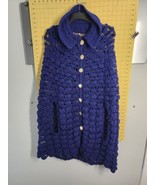 Vintage 70s Hand Crochet Knit Sweater Poncho Cape Shawl Navy Blue OS Cot... - $69.29