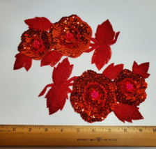 2 PC Lot Bright Red Sequins Beaded Flowers Appliqué New Old Stock NOS Ap... - $9.80