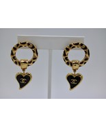 CHANEL 2022 Icon Goldtone Black/Beige Enamel Circle Dangling Heart Earrings - £551.34 GBP