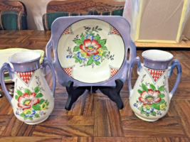 Vintage Hand Painted Floral Iridescent Bowl w/ 2 Dual-Handled Vases ~ Made Japan - $14.84