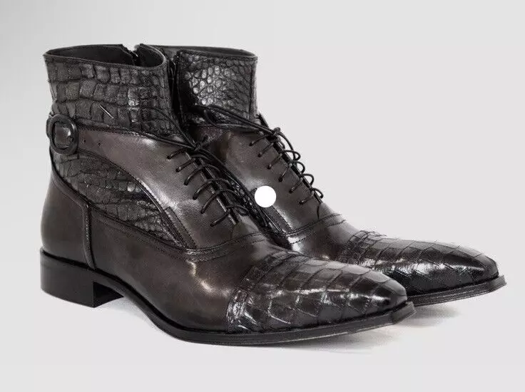 Handmade Men’s Brown Leather Black Crocodile Side Zipper Ankle High Lace... - £140.98 GBP