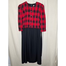 1980s Miss Dorby Red Christmas Checker Tartan Tiered Floral Modest Midi ... - £23.42 GBP