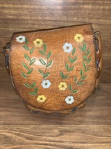 Hippie Boho Belt Pouch 1970&#39;Tooled Brown Leather Hand Painted Flowers - $47.50
