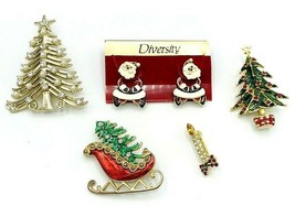 Lot of Christmas Tree Santa Holiday Jewelry Brooch Earrings - £15.64 GBP