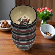 Tabletops Unlimited BOULEVARD 4 Cereal Bowls Hand Painted Bird Striped S... - £36.59 GBP