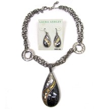 Laura Ashley Chunky Teardrop Necklace Earring Set Rhinestone Silver Gold Black - £12.59 GBP