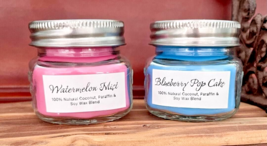 Set of 2 Hand Poured Mini 2oz Jar Candles Watermelon Mist &amp; Blueberry Ca... - $6.43