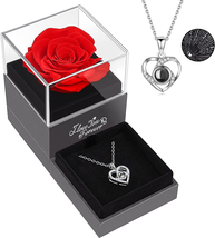 Preserved Red Real Rose with I Love You Necklace in 100 Languages -Eternal Flowe - £33.22 GBP