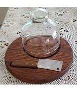 Vintage ~ 8.5&quot; Wooden Cheese Board ~ Glass Dome &amp; 6&quot; Cleaver ~ Made in J... - €42,80 EUR