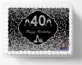 Black &amp; Silver 40th Fancy &amp; Glitzy Stilettos Edible Image Edible Birthday Cake T - £13.16 GBP