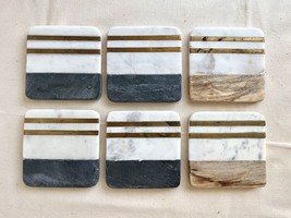 Set of 6 Marble and Wood Square Drink Coasters - £11.83 GBP