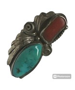 Navajo Turquoise, Coral and Silver Ring c. 1960s, size 6.5 - $211.67 CAD