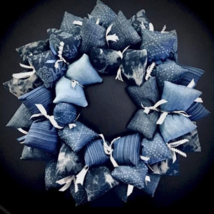 Fabric Wreath with Various Blue Denim with Lace and Organza Ribbons - £39.24 GBP