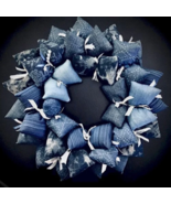 Fabric Wreath with Various Blue Denim with Lace and Organza Ribbons - £39.52 GBP