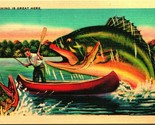 Comic Exaggeration Fishing Is Great Here Linen Asheville Postcard Co UNP - $3.91