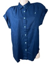 Nautica Womens Navy Blue Linen Blend Short Sleeve Button Up Camp Shirt S... - $21.77