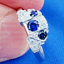 Earth mine Diamond Sapphire Deco Wedding Band Unique Vintage Solid Platinum Ring - $3,320.25