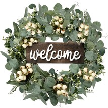 Green Artificial Eucalyptus Wreath With Welcome Sign 20In Spring Summer ... - £30.67 GBP