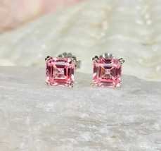 4Ct Asscher Simulated Pink Sapphire Solitaire Stud Earring 14K White Gold Plated - £26.35 GBP