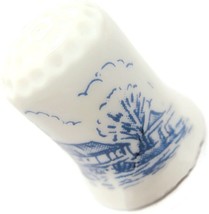 Blue Farmhouse Barn Scene Trees On White Porcelain Thimble Vintage - $11.87