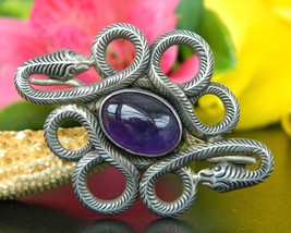 Vintage Coiled Snakes Brooch Pin Amethyst Cabochon Sterling Silver 925 - $49.95