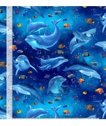 Cotton Playful Dolphin and Fish Ocean Blue Fabric Print by Yard D488.71 - $292.49 MXN