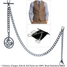 Stainless Steel Albert Chain Pocket Watch Chain for Men DRAGON Fob T-Bar... - $32.00