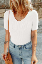 White V Neck Ribbed Knit Lightweight Short Sleeve Sweater - $14.10