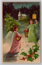 Chritmas Greetings Angels With Tree Lantern In Snow Postcard S26 - £5.43 GBP