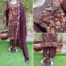 Pakistani Brown 3Pcs Fancy Chiffon Dress with embroidery &amp; Squins work,XL#2 - $2,182.98 MXN