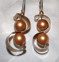 Bent wire and gold Swarovski glass pearl Silver plated earrings - £12.06 GBP