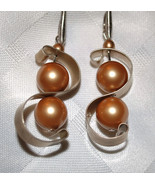 Bent wire and gold Swarovski glass pearl Silver plated earrings - £12.01 GBP